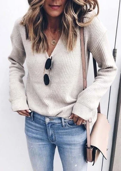 Mongw Mongw And Fall WISH Hot Women's Solid Color Top V Neck Long Sleeve Sweater Sweater Jumper Women's Wear