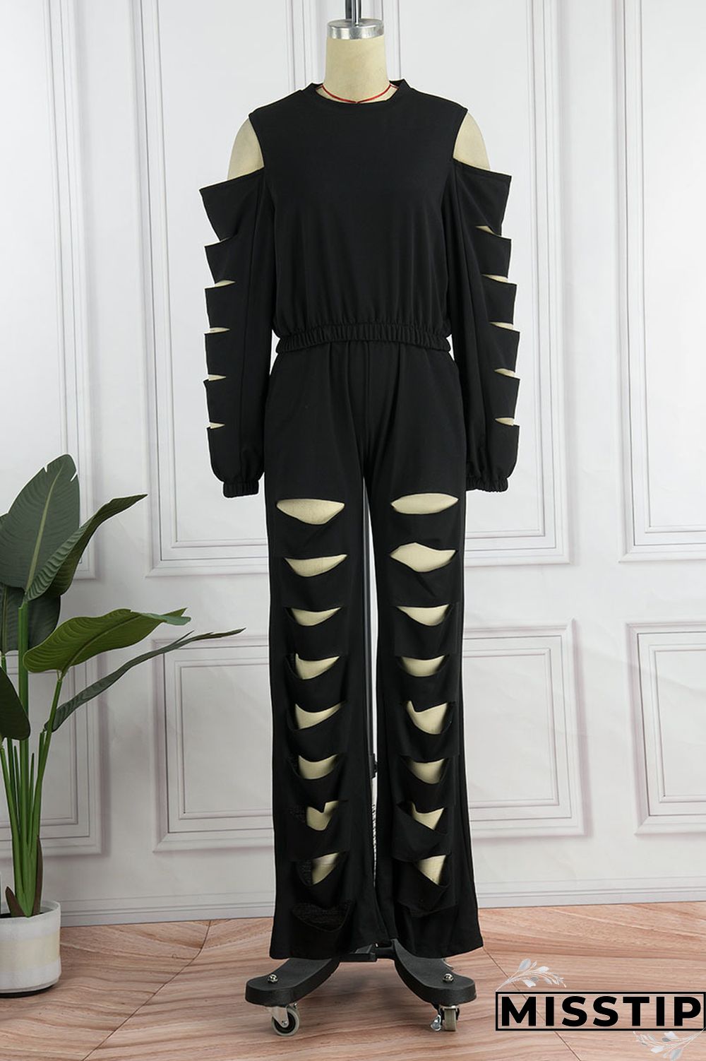 Black Casual Street Solid Hollowed Out Patchwork O Neck Long Sleeve Two Pieces