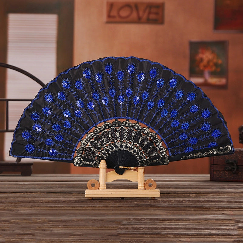 Black Rod Sequin Fan Embroidery Fan Dancing Folding Fan Peacock Fan Gift Folding Fan Fan Wing Chun Fan