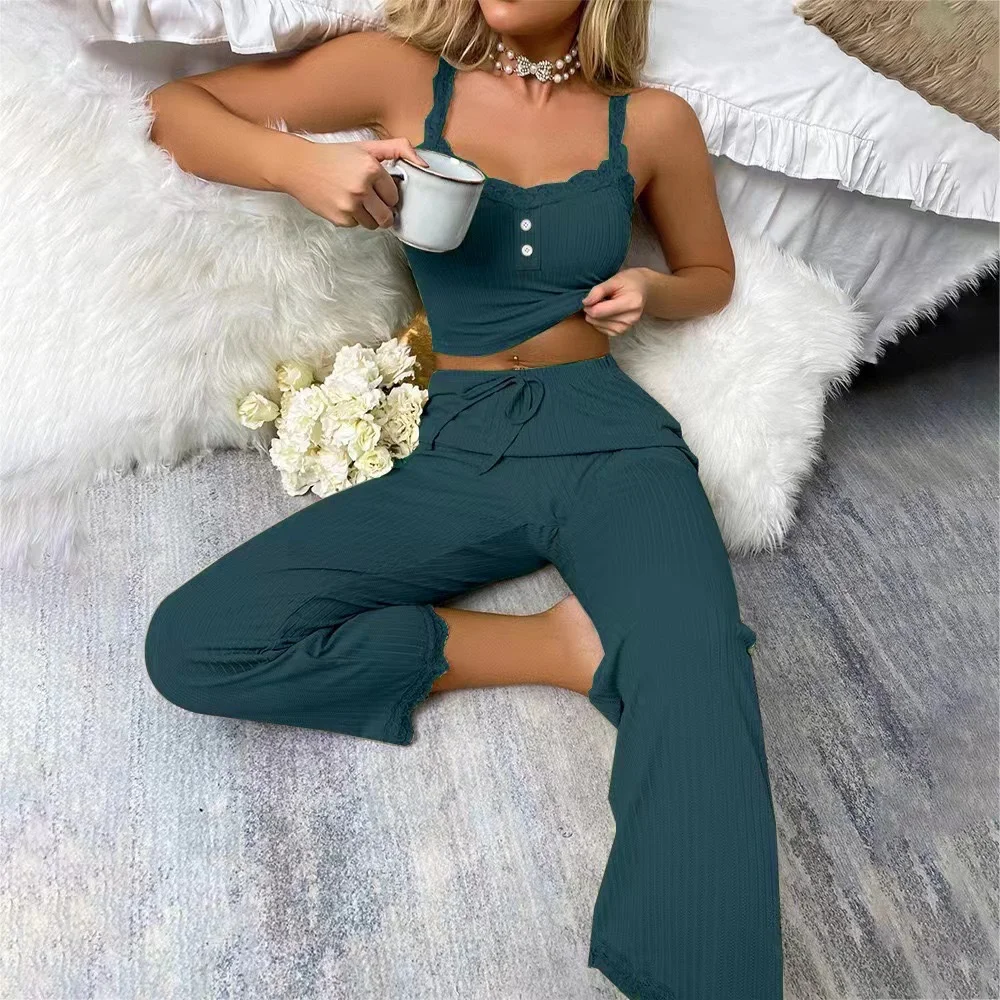 Uveng Uveng Pajamas Female Summer Lace Lace Sling Trousers Sexy Babes Lady Home Clothes Two-Piece Set