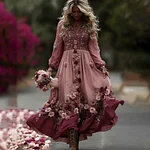 Women's Classic Romantic Pink Rose Embroidery Art Comfy Linen V Neck Maxi Dress - Image 2