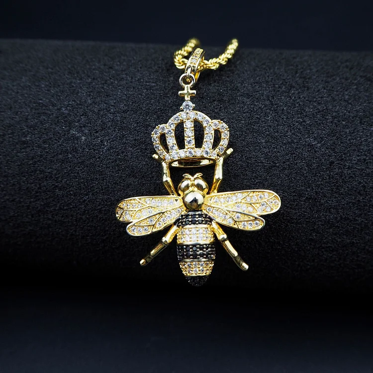 14K Gold Plated Iced Out Crown Queen Bee Pendant