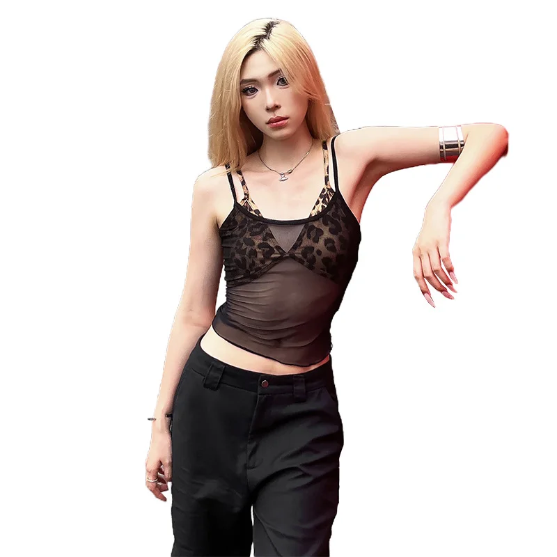 Uveng 2024 Summer New Women's Mesh Perspective Vest Leopard-Print Sling Bag Hip Skirt Suit