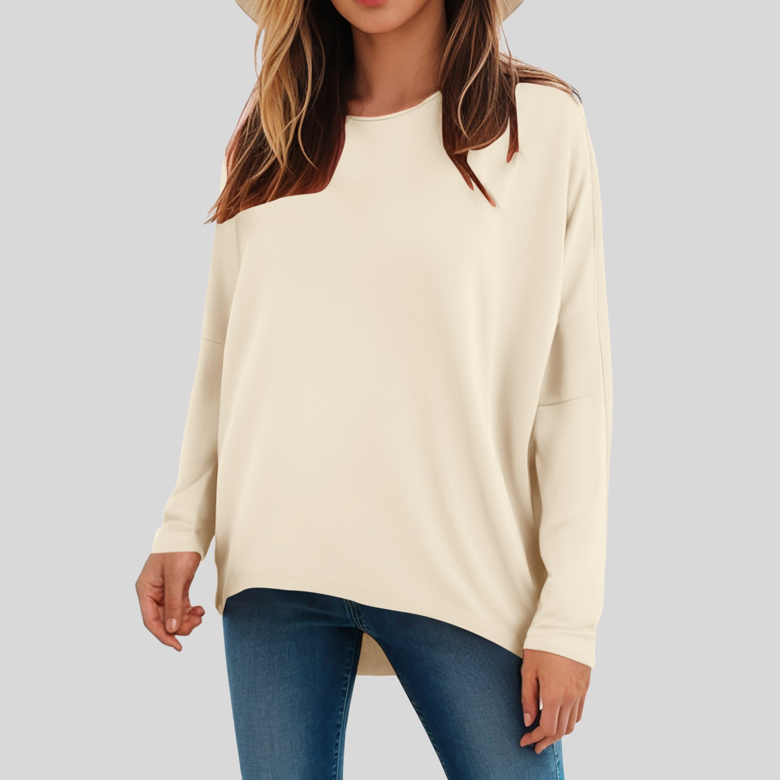 Women's Long Sleeve Solid T Shirt Women Boat Neck Batwing Long Sleeve Fall Oversized Ribbed Knit Loose Comfty Versatile T-shirts