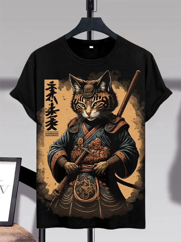 Men's Samurai Cat Japanese Art Print Casual T-Shirt