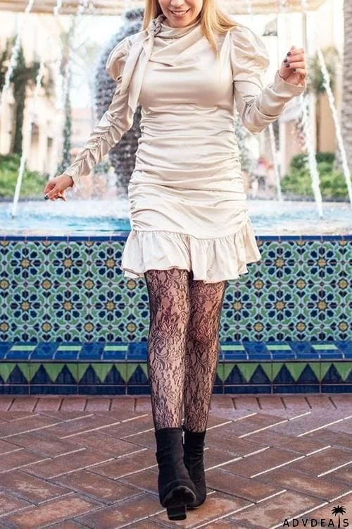 Flounced Lace-up High Neck Mini Dress