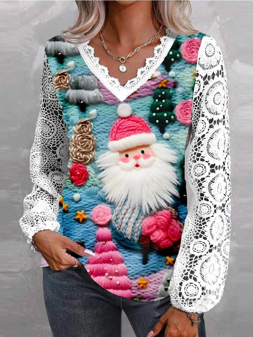 Women Long Sleeve V-neck Santa Claus Printed Lace Christmas Tops