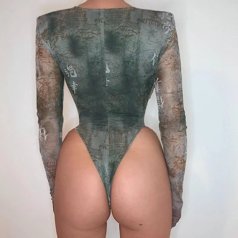 BIIKPIIK Character Printing Hollow Out Slim Long Sleeve Tops Women Square Collar Mesh Sexy Bodysuits One Piece Vintage Partywear