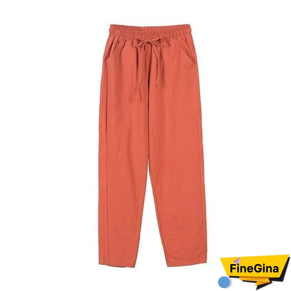 Woman Summer Harem Pants Vintage Candy Colors Cotton Linen Wide Leg Pants Solid Elastic Waist Ankle-length Capris Trousers