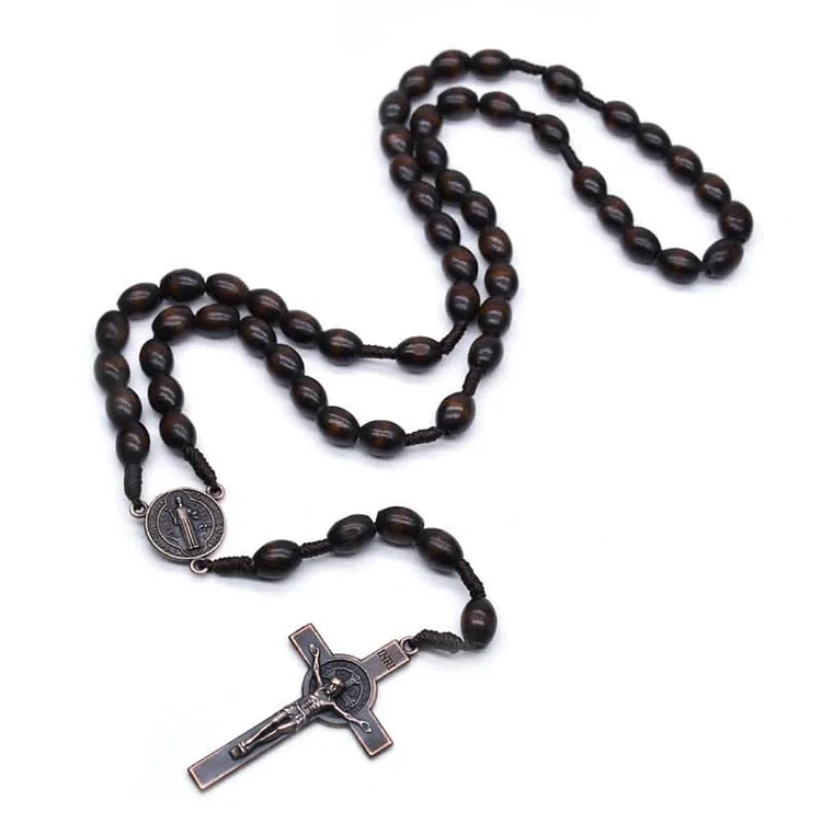 Knitted Vintage Cross Wood Rosary Necklace-Dark Brown
