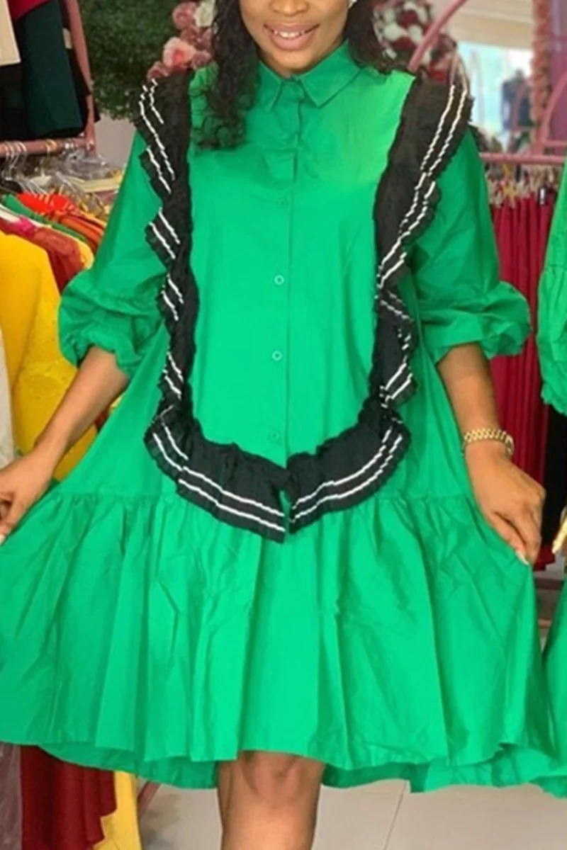 Green Fashion Casual Regular Sleeve Short Sleeve Shirt Collar Shirt Dress Knee Length Patchwork Dresses | EGEMISS