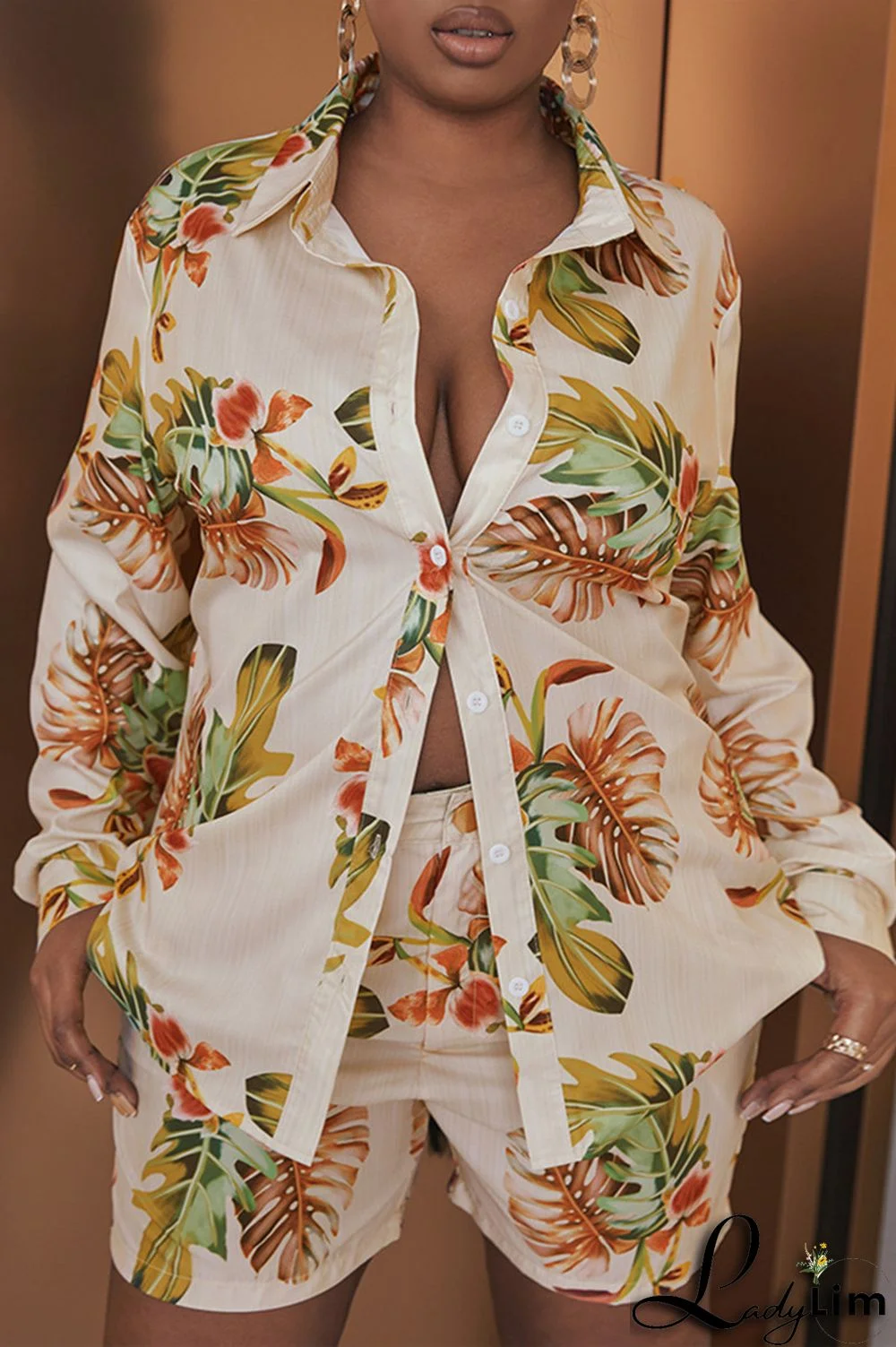 Apricot Fashion Casual Print Patchwork Turndown Collar Plus Size Two Pieces