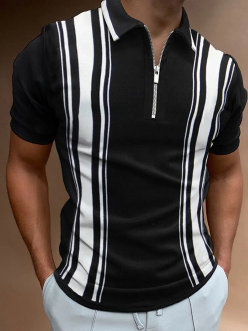 Casual Daily Black Striped Summer Short Sleeve Zipper Men's Polo Shirts-VESSFUL