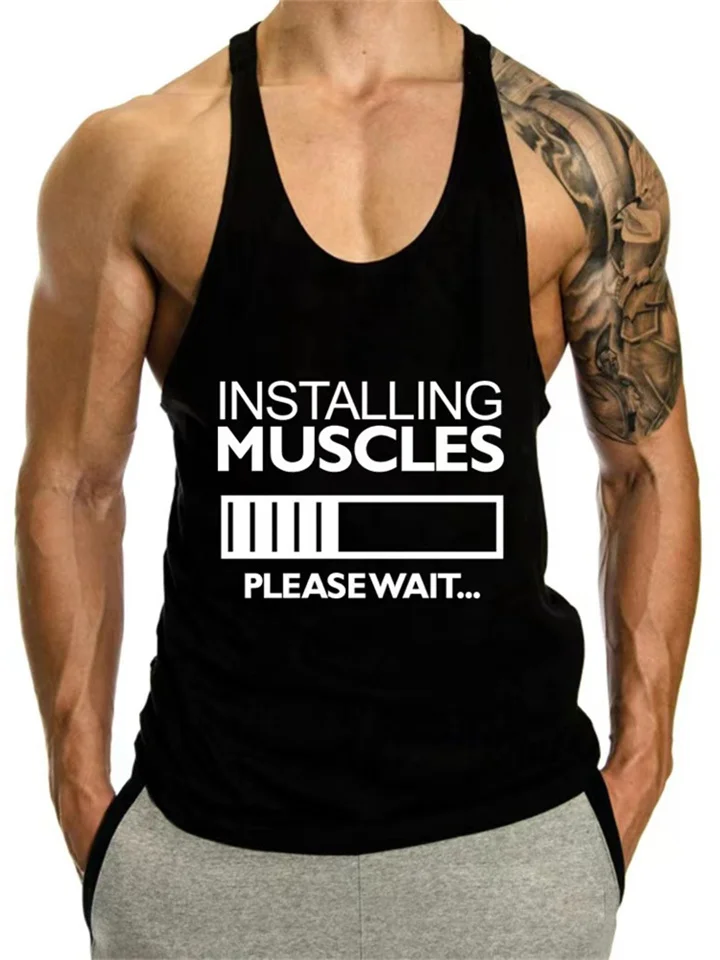 Fitness spaghetti strap tank top men's loose training muscle I-word suspenders cotton sports muscle type T-shirt-Cosfine