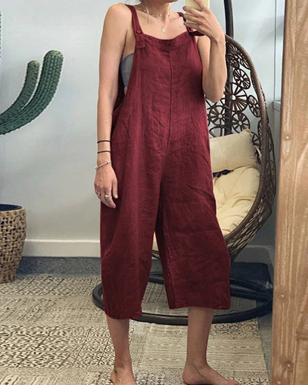 Plus Size Linen Solid Women Jumpsuits With Pockets