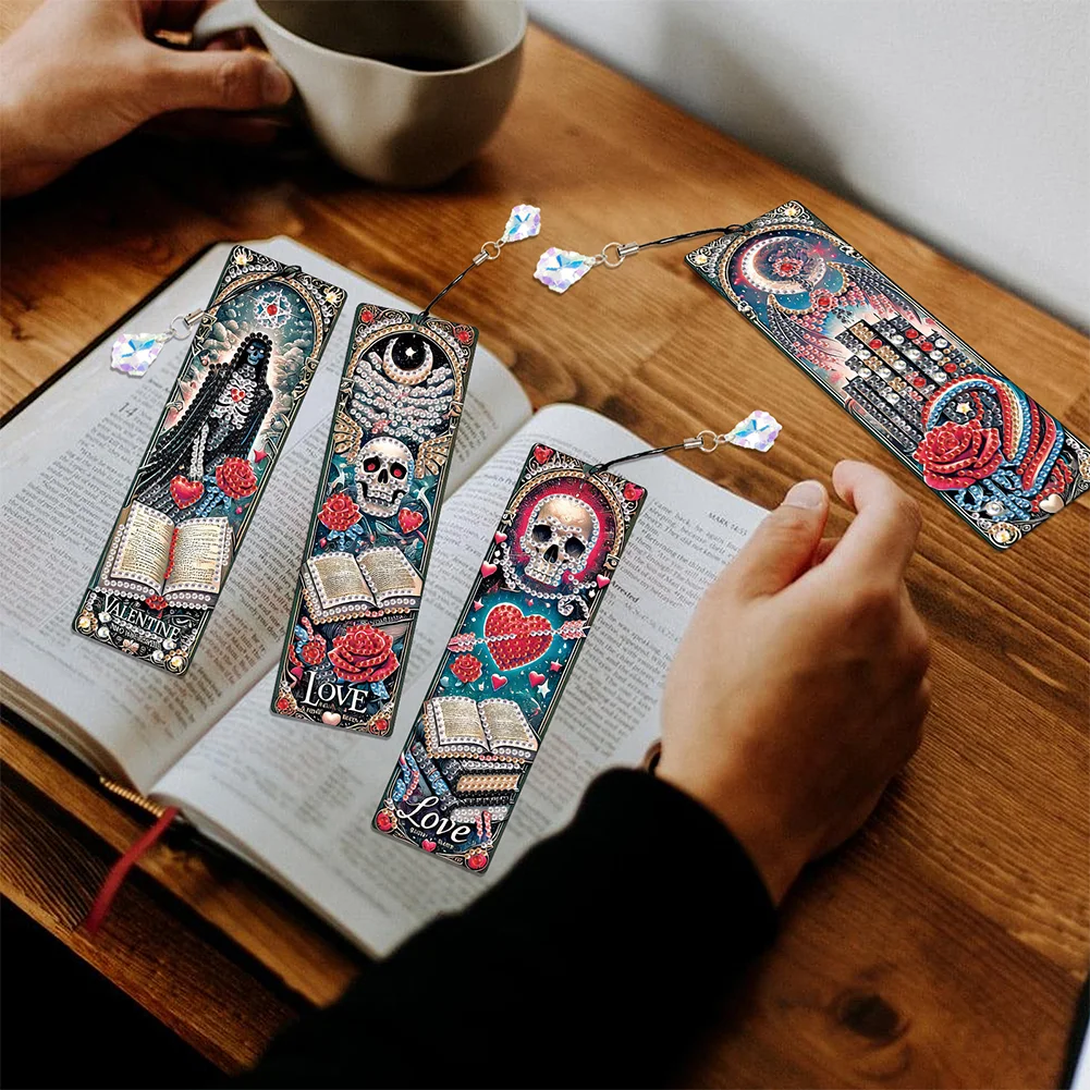 4Pcs Skull Heart Themed DIY Diamond Painting Bookmark for Reading Enthusiasts