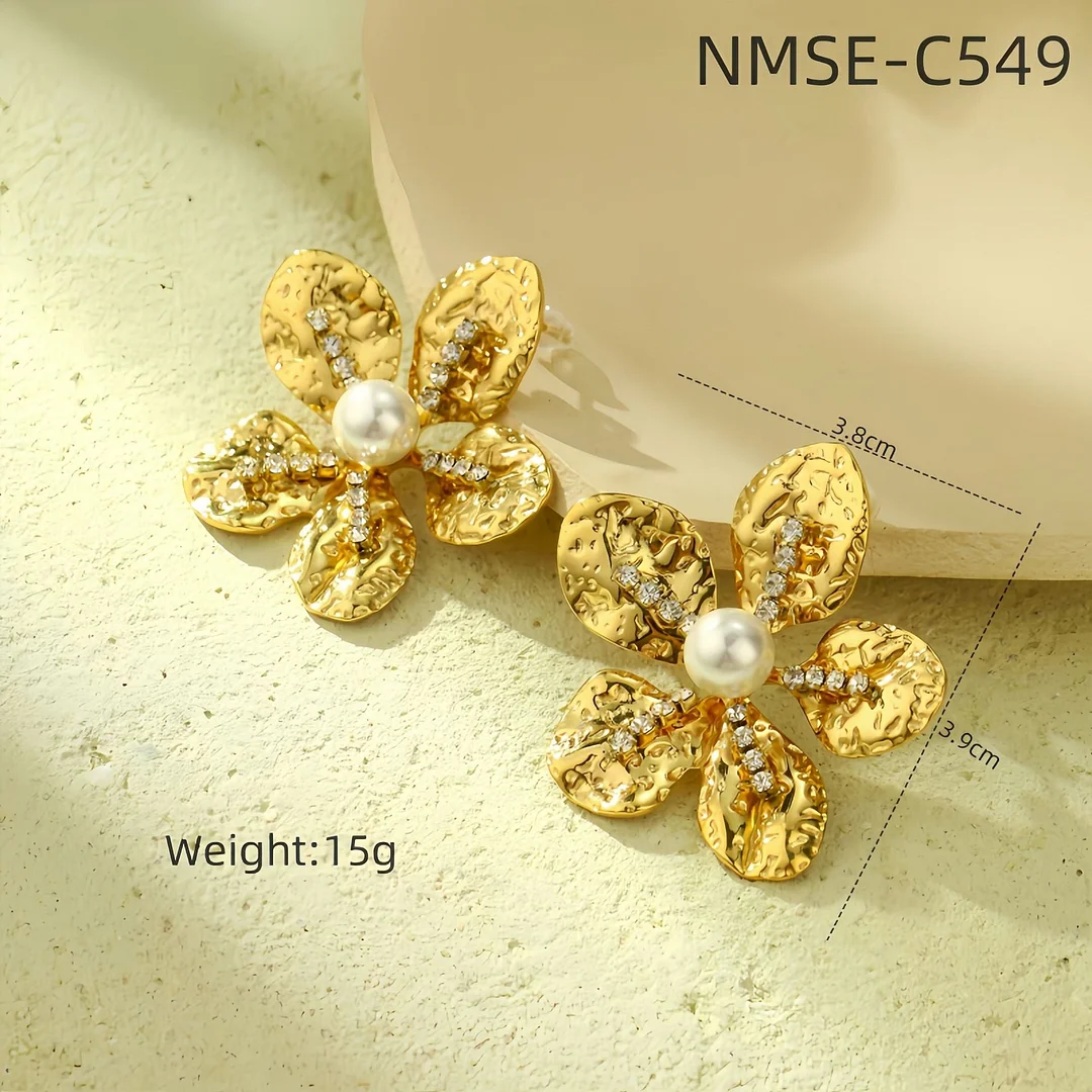 Light Luxury Pearl Diamond Flower Titanium Steel Earrings Fashionable Temperament High-Grade Pleated Flower Stainless Steel Earrings