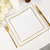 10 Pack | 8" White / Gold Concave Modern Square Plastic Dessert Plates, Disposable Salad Appetizer Party Plates