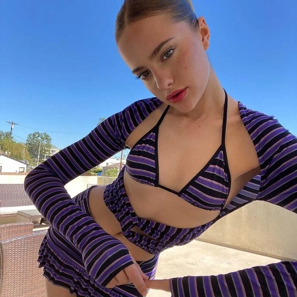 wsevypo Chic Women Three Pieces Striped Suits Sets Sexy Long Sleeve Cutout Crop Tops+Tie-up Halter Bra+Mini Ruffles Skirt