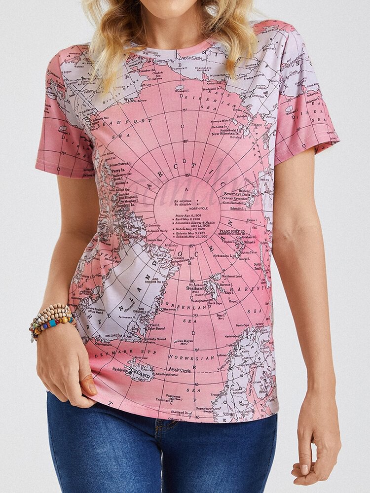 Short Sleeve Map Print O neck Casual T Shirt For Women P1838066