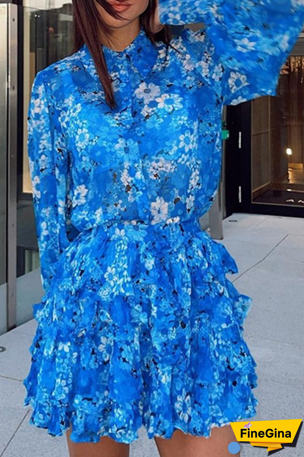 Casual Print Split Joint Turndown Collar Cake Skirt Dresses