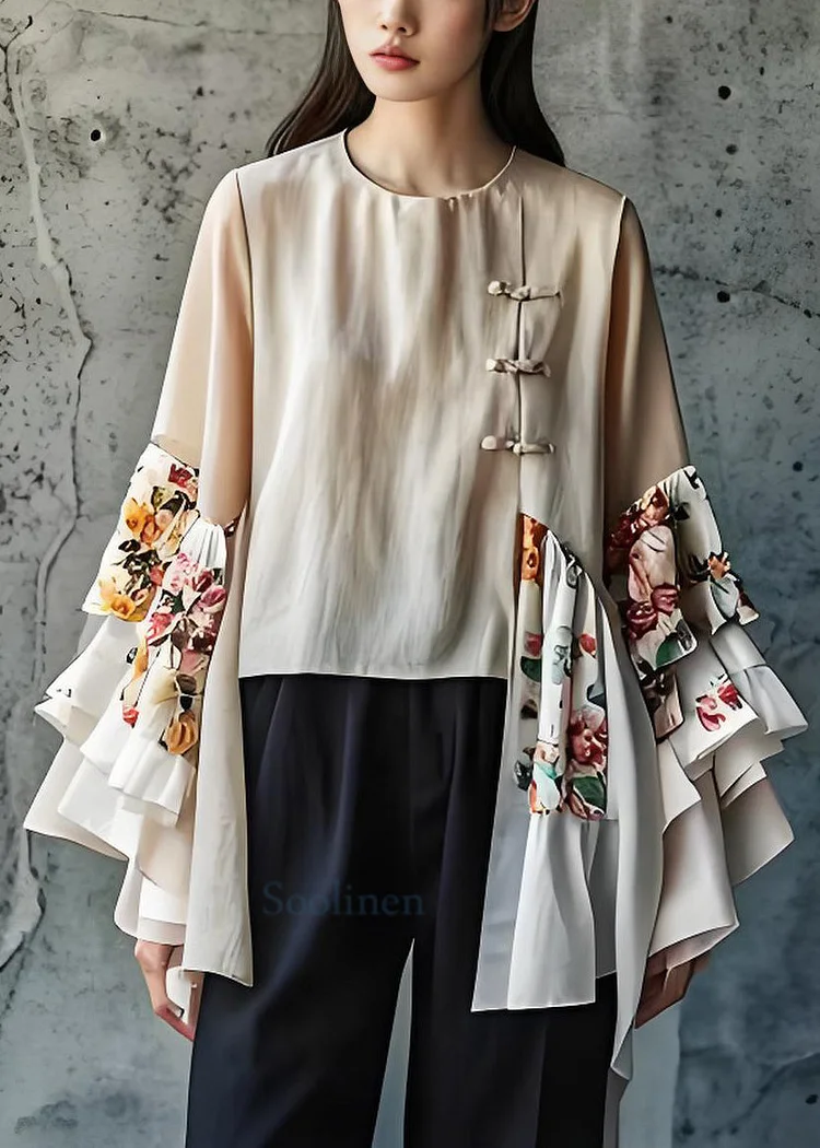 Pre sale - shipping in 30 days/Plus Size Beige O Neck Chinese Button Patchwork Cotton Tops Summer