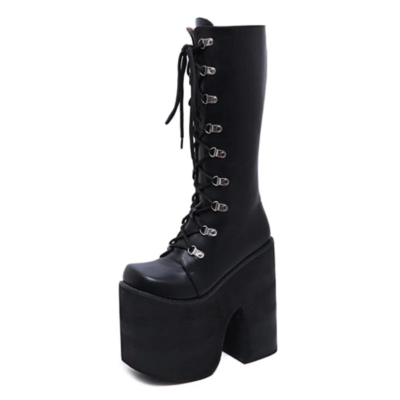 Gdgydh Large Size 43 Thick Platform Extreme High Heels 17cm Cool Motorcycles Boots Punk Style Shoelaces Knee High Boots Winter