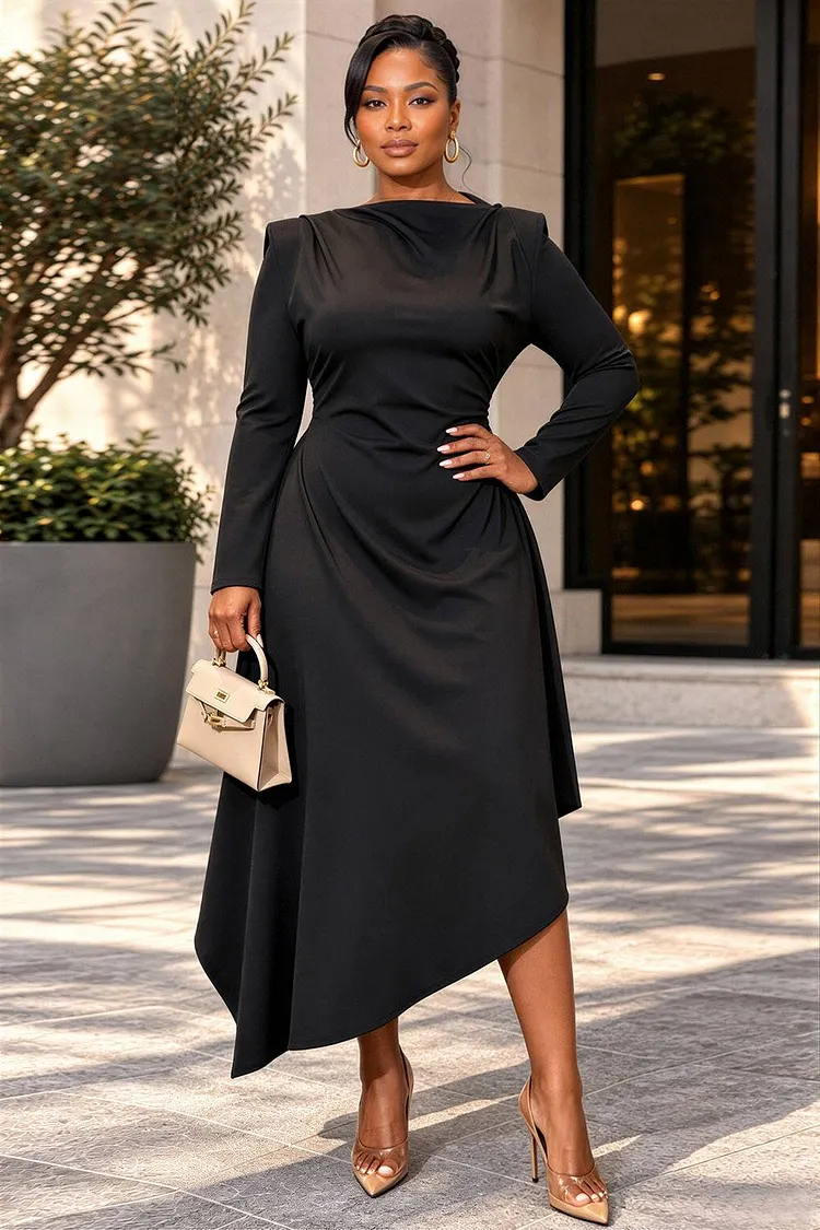 Xpluswear Design Plus Size Business Casual Elegant Black Long Sleeve Asymmetric Hem Irregular Hem Satin Midi Dresses [Pre-Order] 2024 - Xpluswear