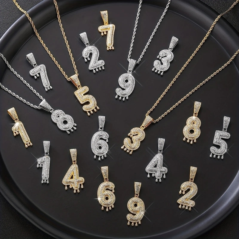 1PC Iced Out Man Rapper Full Diamond Hiphop Arab Number Pendant Charm Necklace Silver Plated Color Rope Chain Gold Jewelry