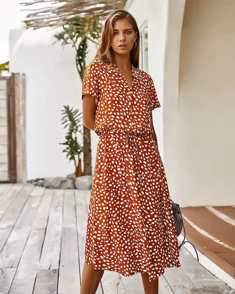 Women's Dress Midi Dress Female Elegant Bohemia Vestido Beach Party Outfit Dress Za Vintage Polka Dot V Neck Short Sleeve Autumn