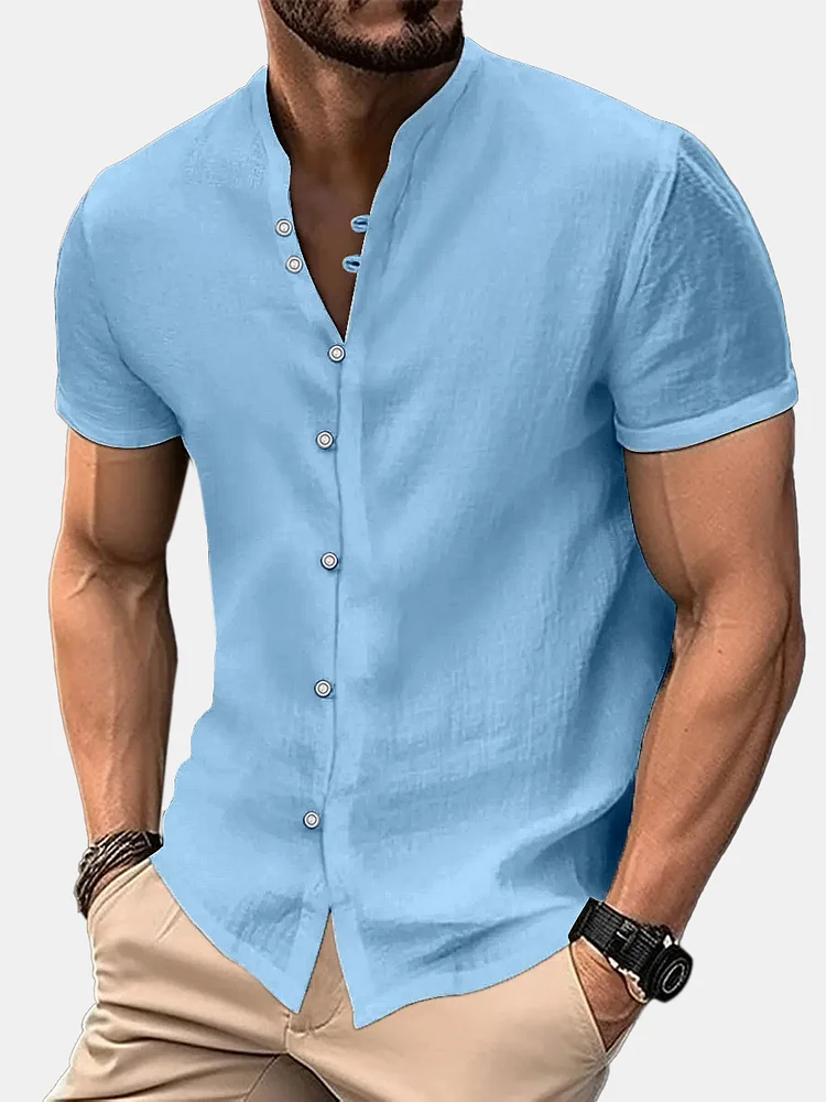 Men's Simple Solid Color Everyday Cotton And Linen Stand Collar Short-sleeved Shirt