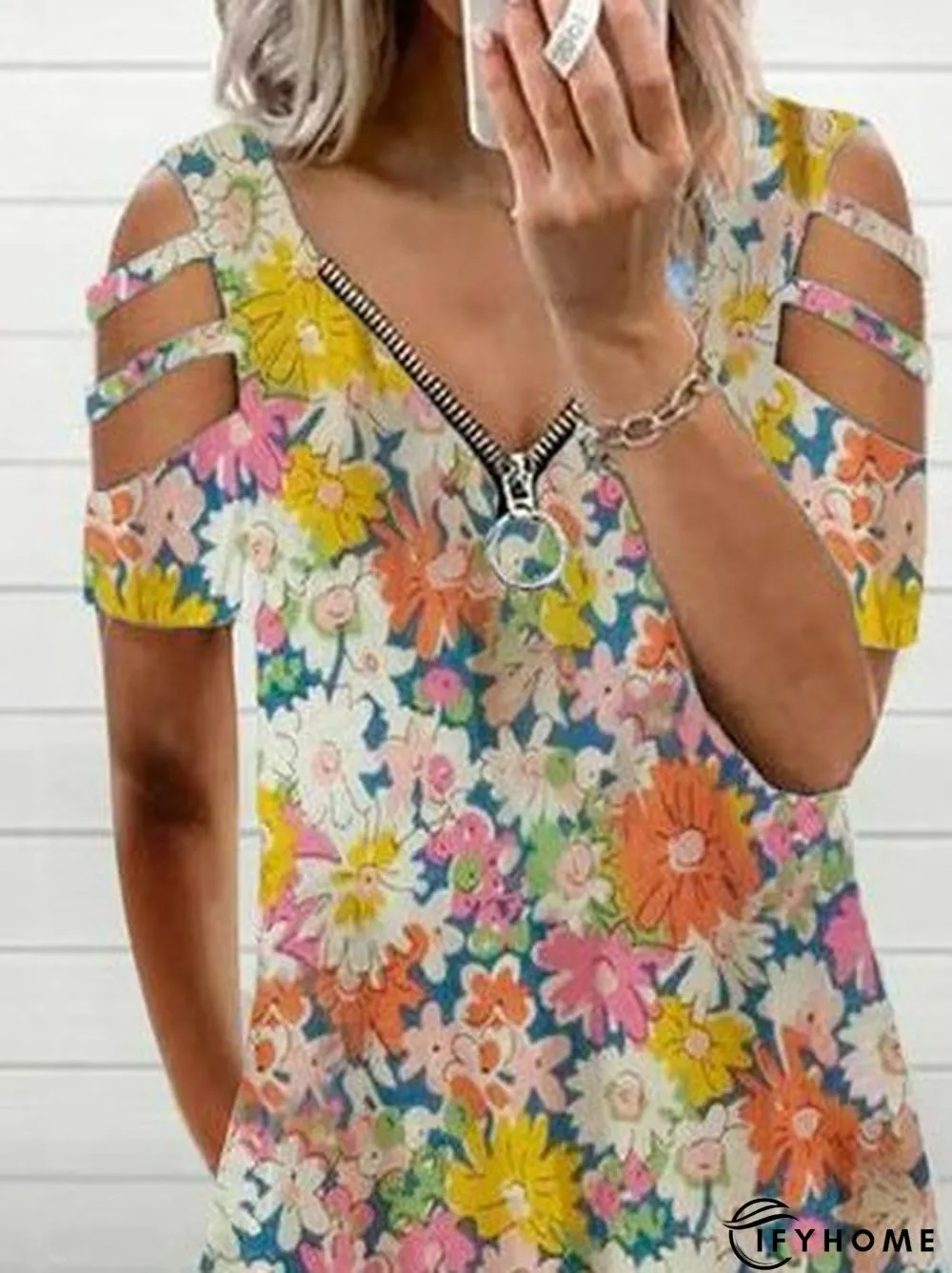 Floral-Print V Neck Short Sleeve Women Dress | IFYHOME