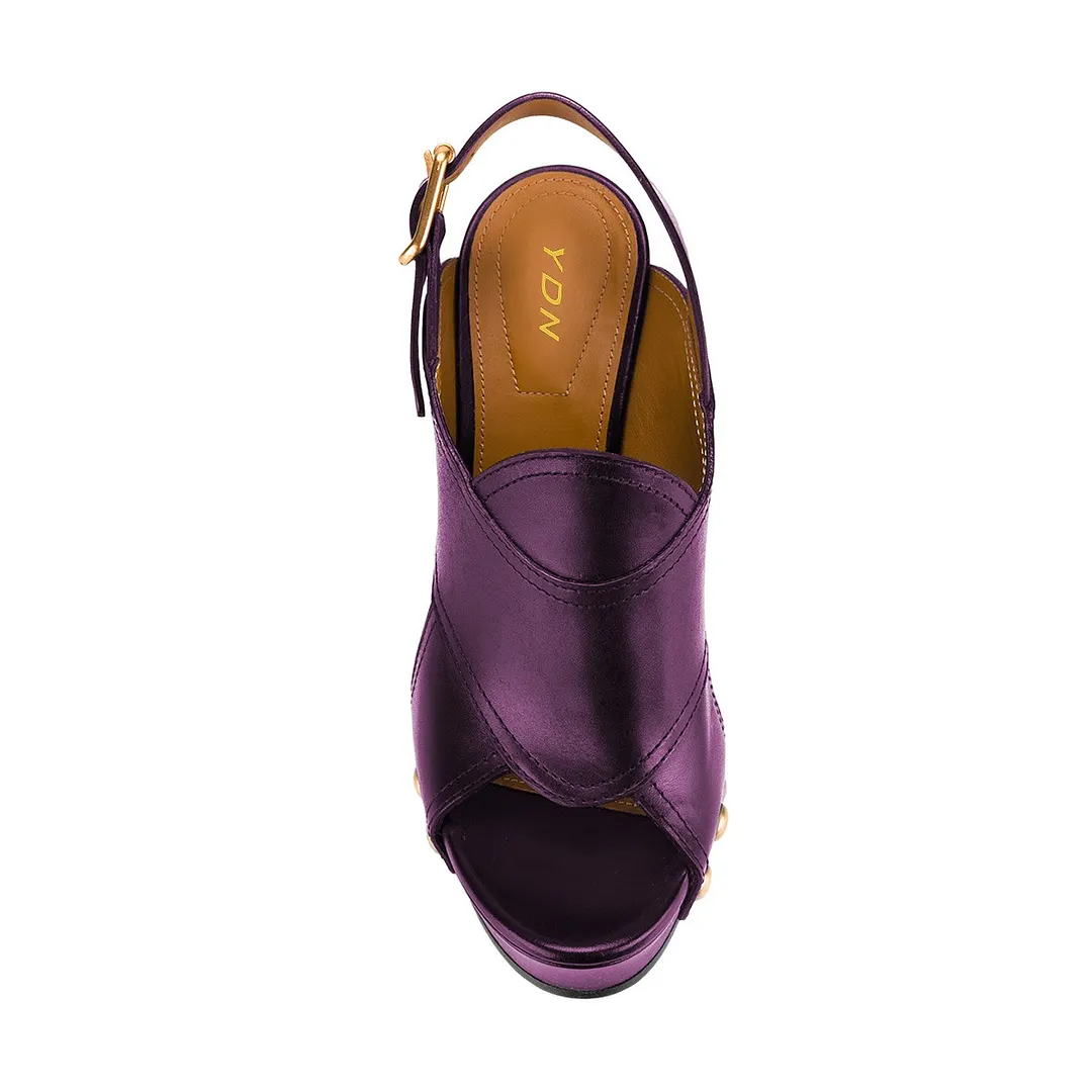 Purple Open Toe Cutout Studded Platform Slingback Block Heel Sandals