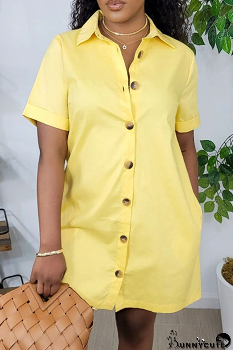 Light Yellow Fashion Casual Solid Patchwork POLO collar Shirt Dress Short Sleeve Dress