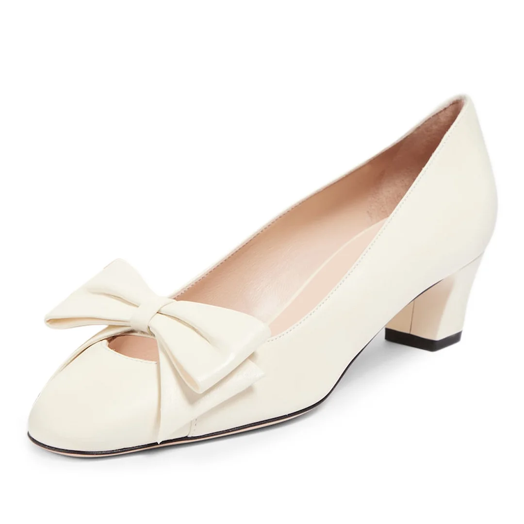 YDN Elegant Beige Vegan Leather Bow Decor Square Toe Pumps Heels