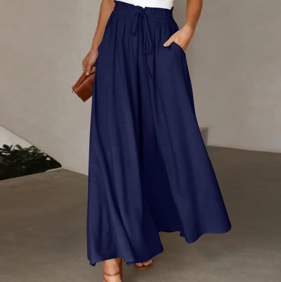 Plus Size Women's Wide Leg Pants - Comfortable Stretch Fabric with Drawstring Waist & Pockets