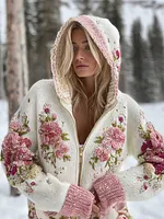 Bohemian Style Plant Flower Embroidery Women's Knitted Hooded Sweater Coat