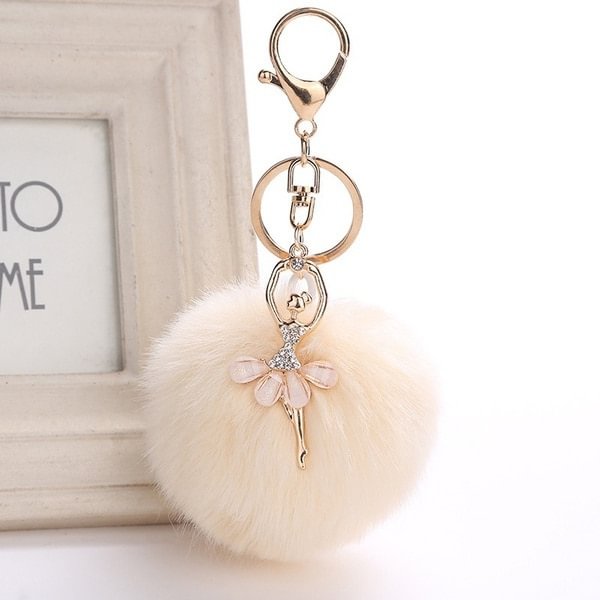UsmallLifes King Cute Crystal Dance Ballet Girl Key Chain Originality Angel Imitation Rabbit Hair Ball Ladies Bag Jewelry US Mall Lifes
