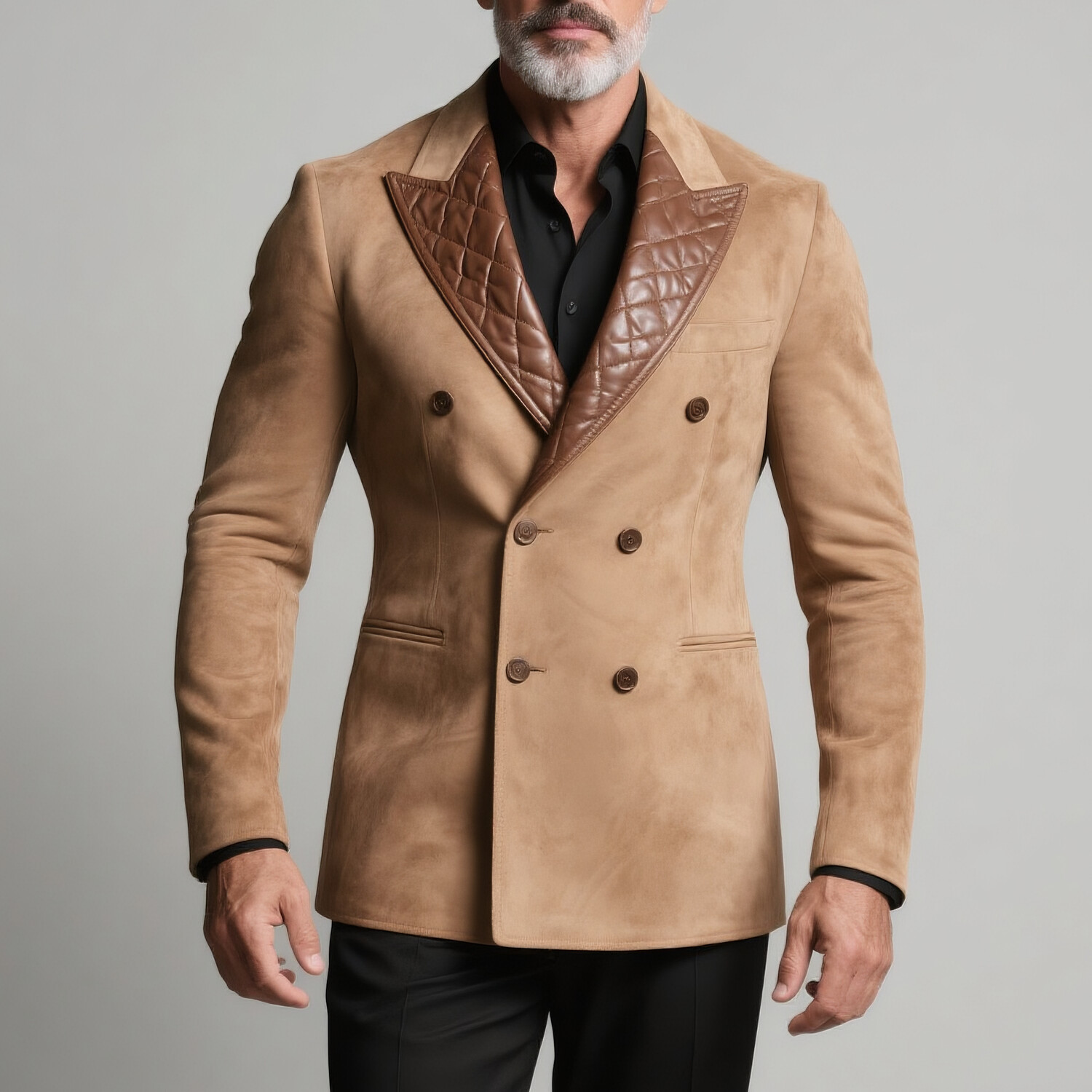 Men's PU Leather Quilted Peak Lapel Long Sleeve Double Breasted Suede Blazer