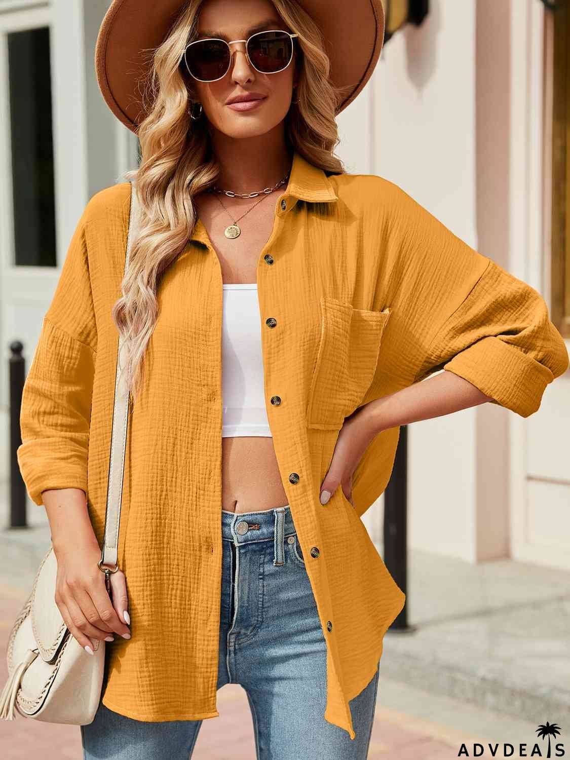 Button Up Collared Neck Drop Shoulder Shirt