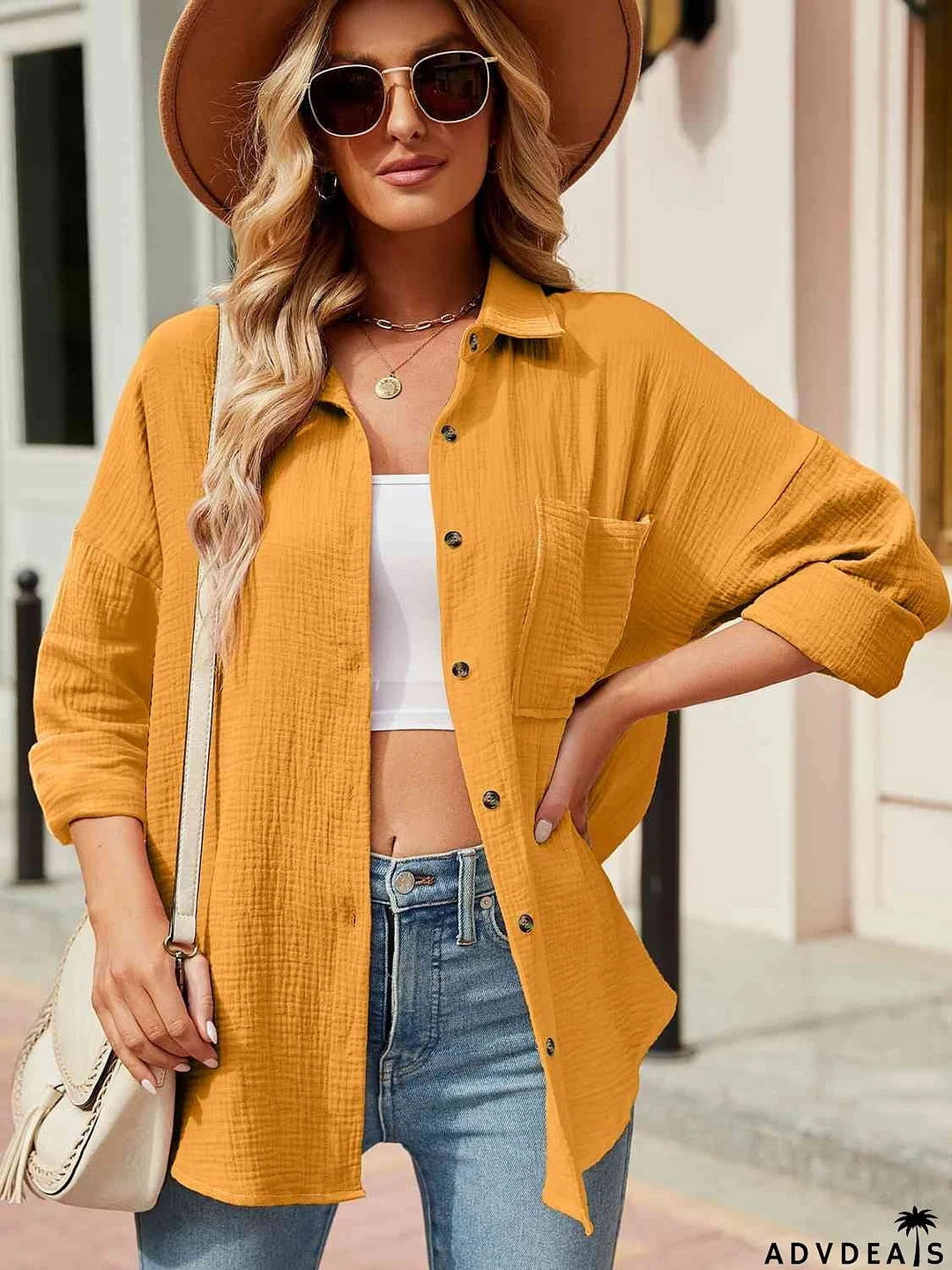 Button Up Collared Neck Drop Shoulder Shirt