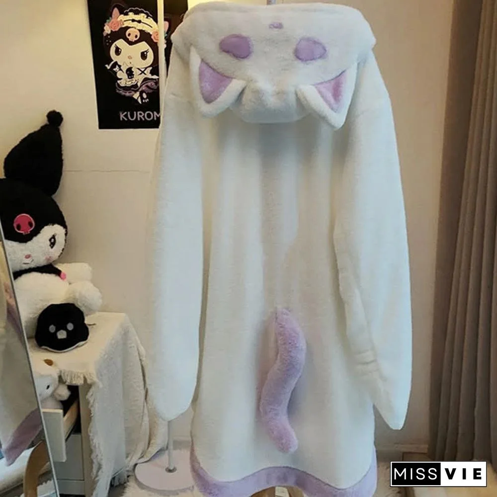 Cartoon Ghost Cat Plush Hooded Pajamas Set