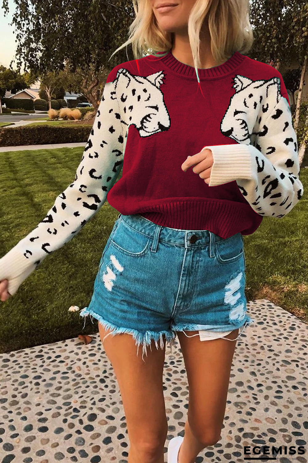 Red Casual Fashion Leopard Print Elastic Sweater | EGEMISS