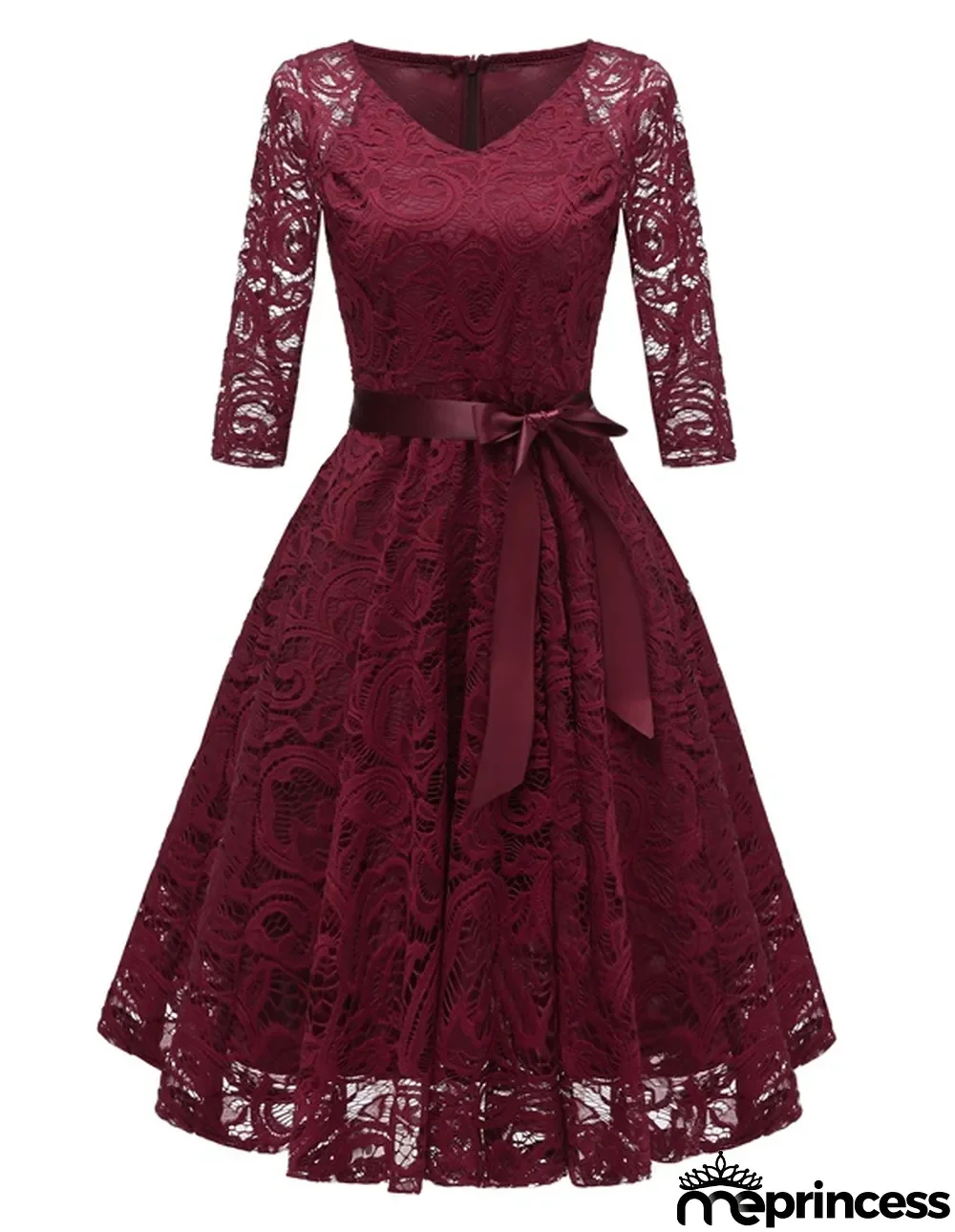 V-Neck A-Line Lace Dress with Sleeves