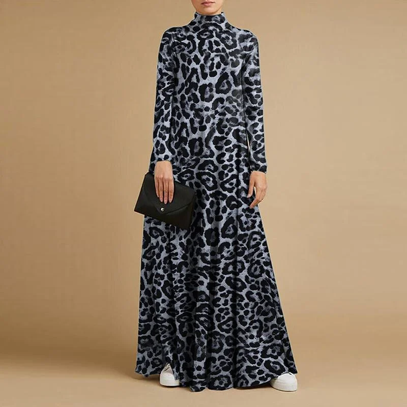 ZANZEA 2022 Stylish Leopard Maxi Dress Women's Printed Sundress Long Sleeve Turtleneck Vestidos Female Baggy Robe Oversized