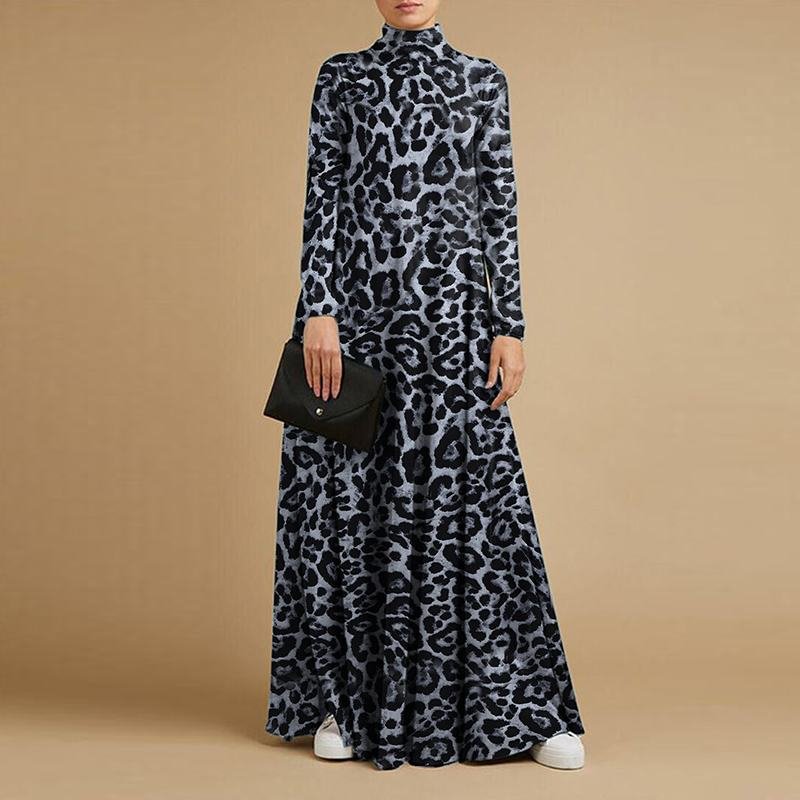 ZANZEA 2022 Stylish Leopard Maxi Dress Women's Printed Sundress Long Sleeve Turtleneck Vestidos Female Baggy Robe Oversized