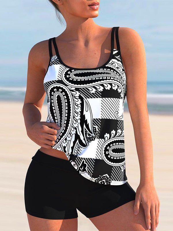 Plus Size Swimwear Sleeveless Bright Embroidery,Plaid Tankini