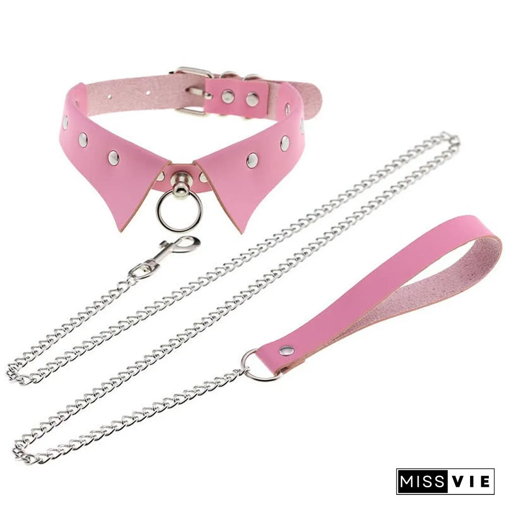 Punk Collar Design Leather Chocker With Hauling Chain