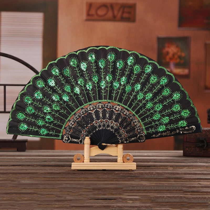 Black Rod Sequin Fan Embroidery Fan Dancing Folding Fan Peacock Fan Gift Folding Fan Fan Wing Chun Fan