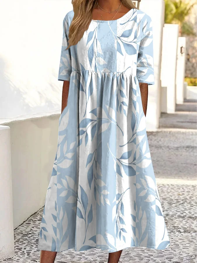 Vintage Floral Print Round Neck Pocket Midi Dress